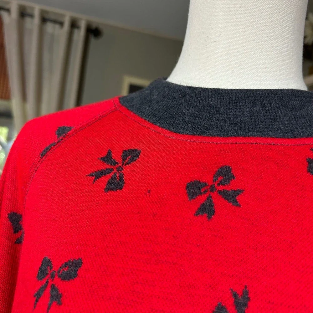 Vtg Red Knit Two Piece Set Bow Print Sweatshirt and Midi Skirt Gray Trim Sz L